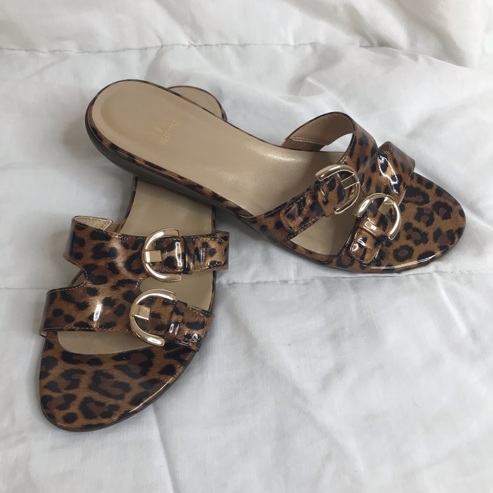 STUART WEITZMAN Animal Print Slide Sandals Buckles